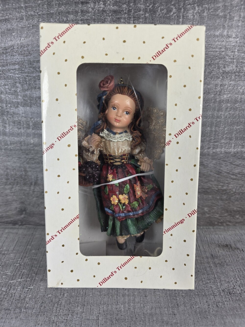 Dillards Trimming Angel Christmas Ornament German Girl Fruit Basket 6" Rare b13